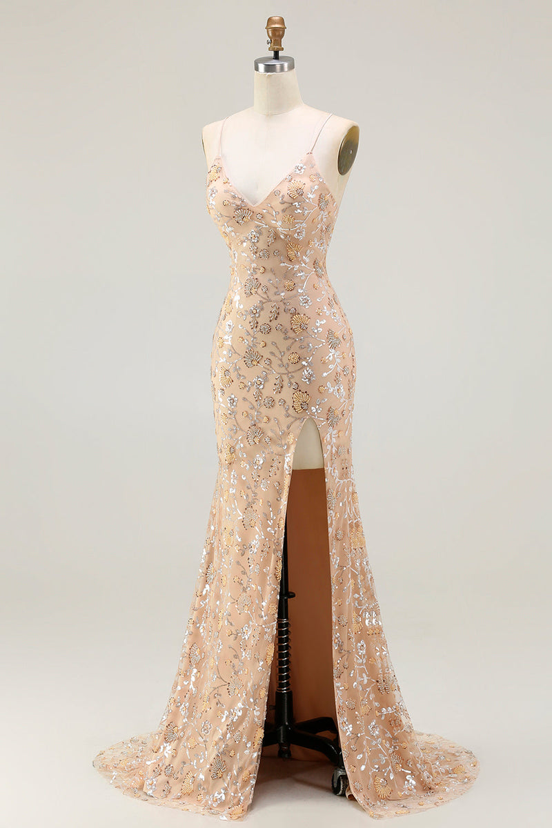 Load image into Gallery viewer, Sparkly Champagne Mermaid Floral Long Prom Dress with Slit