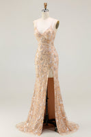 Load image into Gallery viewer, Sparkly Floral Purple Spaghetti Straps Mermaid Long Prom Dress with Slit