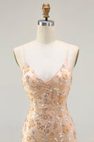 Load image into Gallery viewer, Sparkly Champagne Mermaid Floral Long Prom Dress with Slit