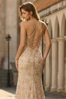 Load image into Gallery viewer, Sparkly Floral Champagne Mermaid Long Prom Dress with Slit