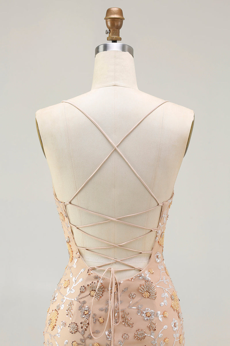 Load image into Gallery viewer, Sparkly Champagne Mermaid Floral Long Prom Dress with Slit