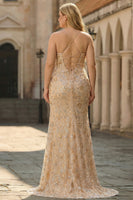 Load image into Gallery viewer, Sparkly Floral Champagne Mermaid Long Prom Dress with Slit