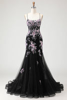 Load image into Gallery viewer, Sparkly Black and Pink Mermaid Beaded Floral Long Corset Prom Dress