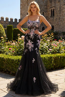 Load image into Gallery viewer, Sparkly Black and Pink Mermaid Beaded Floral Long Corset Prom Dress