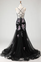 Load image into Gallery viewer, Sparkly Black and Pink Mermaid Beaded Floral Long Corset Prom Dress