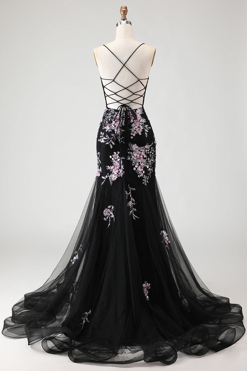 Load image into Gallery viewer, Sparkly Black and Pink Mermaid Beaded Floral Long Corset Prom Dress