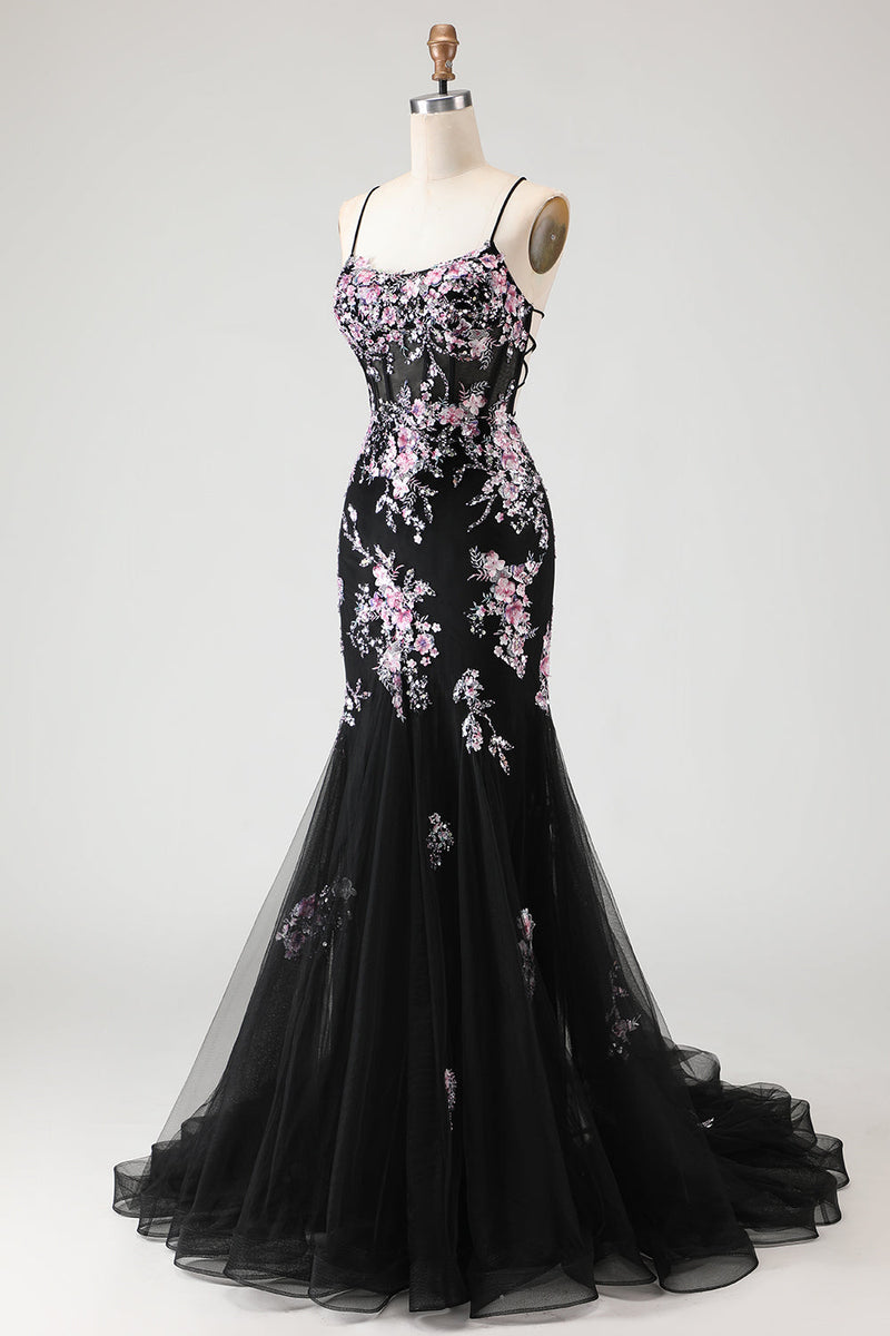 Load image into Gallery viewer, Sparkly Black and Pink Mermaid Beaded Floral Long Corset Prom Dress