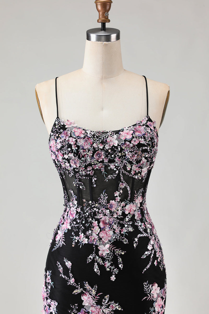 Load image into Gallery viewer, Sparkly Black and Pink Mermaid Beaded Floral Long Corset Prom Dress