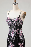 Load image into Gallery viewer, Sparkly Black and Pink Mermaid Beaded Floral Long Corset Prom Dress