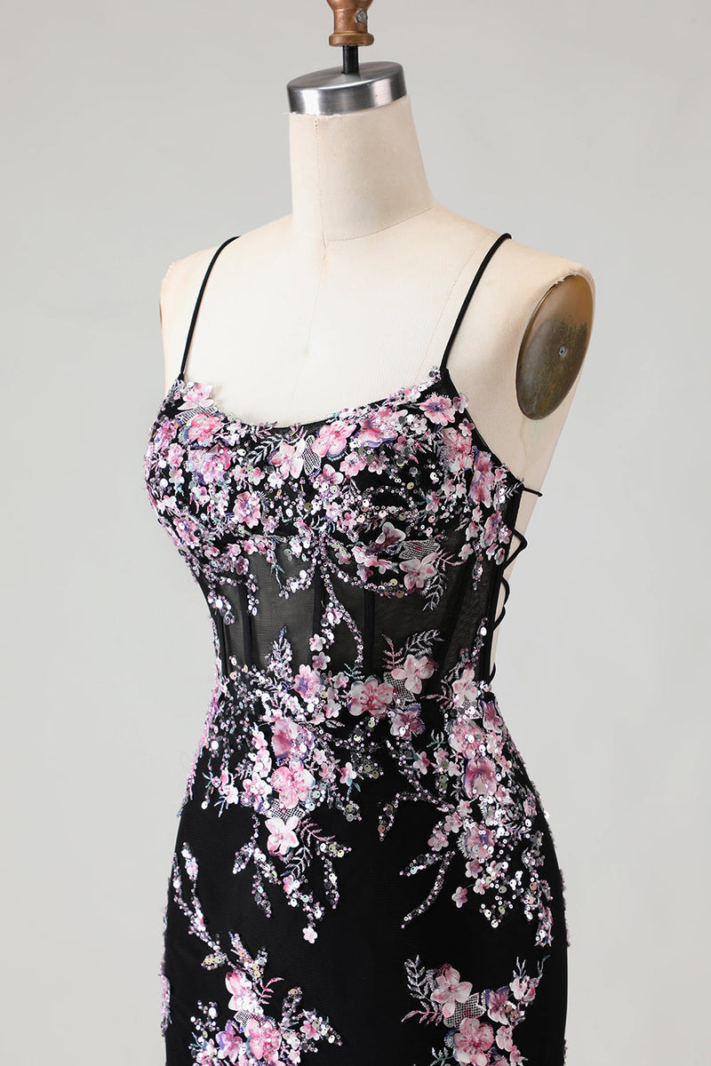 Load image into Gallery viewer, Sparkly Black and Pink Mermaid Beaded Floral Long Corset Prom Dress