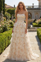 Load image into Gallery viewer, Floral Pink and Red Sweetheart Long Corset Prom Dress with Bow