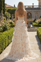 Load image into Gallery viewer, Floral Pink and Red Sweetheart Long Corset Prom Dress with Bow