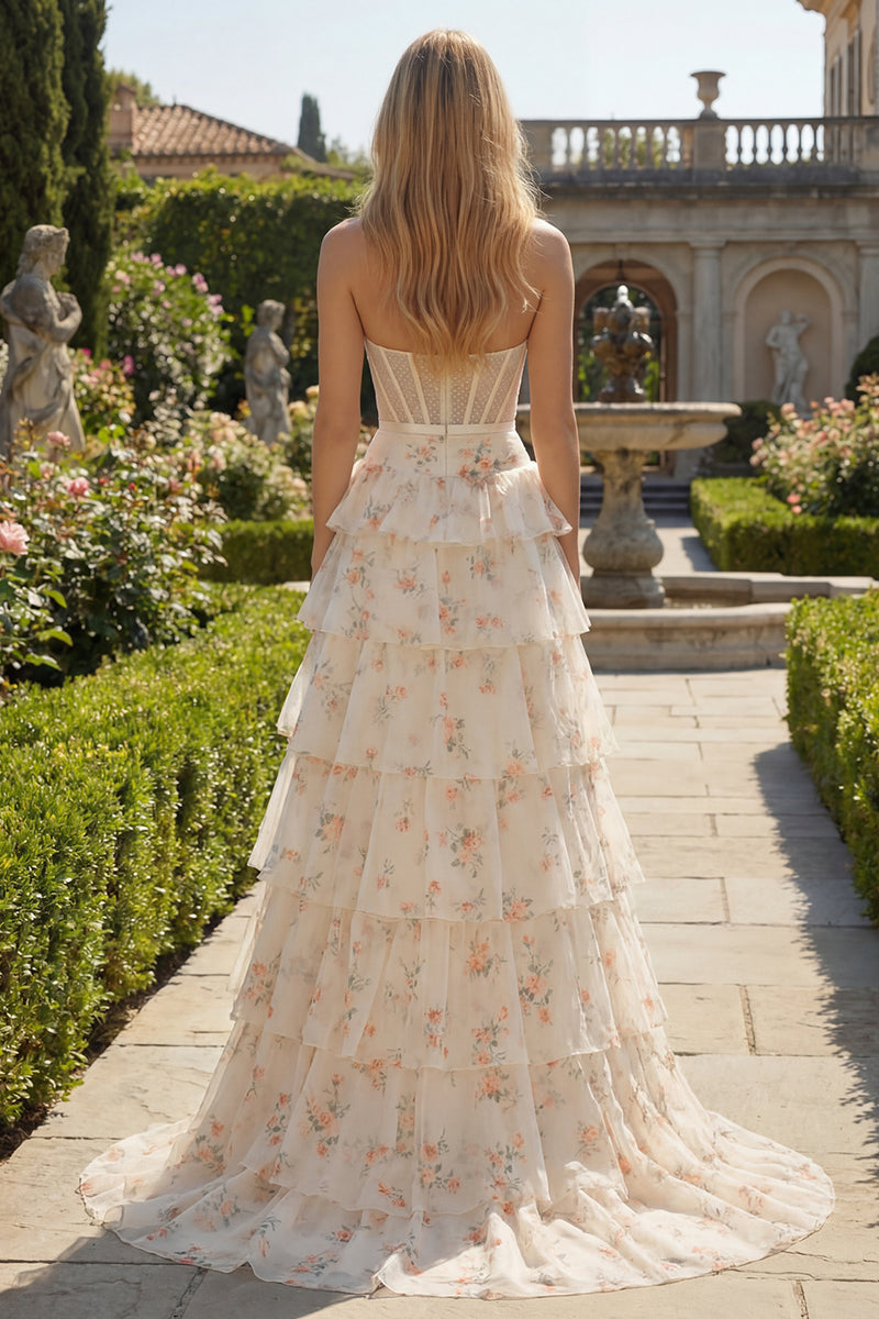 Load image into Gallery viewer, Floral Pink and Red Sweetheart Long Corset Prom Dress with Bow