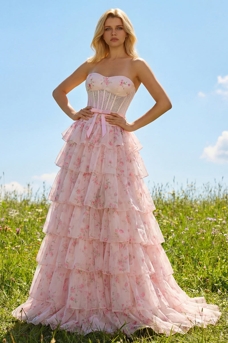 Load image into Gallery viewer, Floral Pink and Red Sweetheart Long Corset Prom Dress with Bow