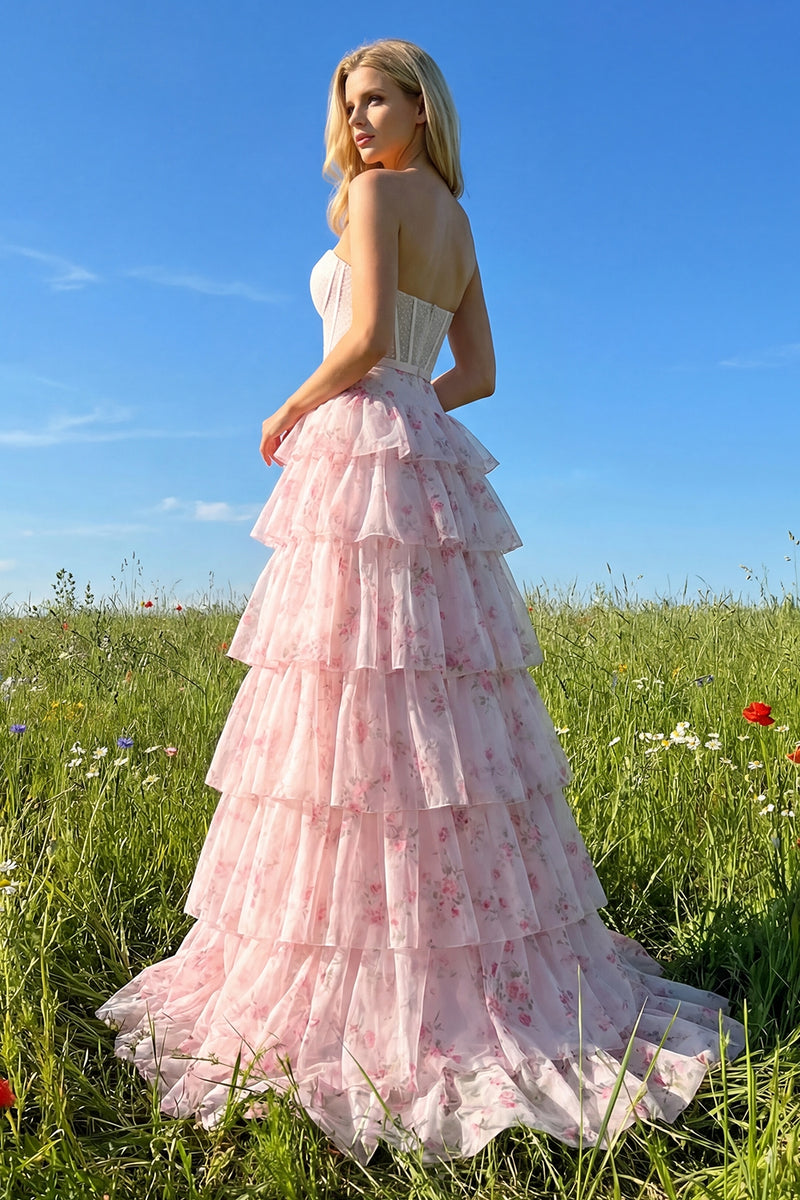 Load image into Gallery viewer, Floral Pink and Red Sweetheart Long Corset Prom Dress with Bow