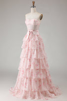 Load image into Gallery viewer, Floral Pink and Red Sweetheart Long Corset Prom Dress with Bow