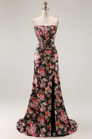 Load image into Gallery viewer, Black Pink Mermaid Floral Long Corset Prom Dress with Slit