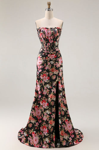 Black Pink Mermaid Floral Long Corset Prom Dress with Slit