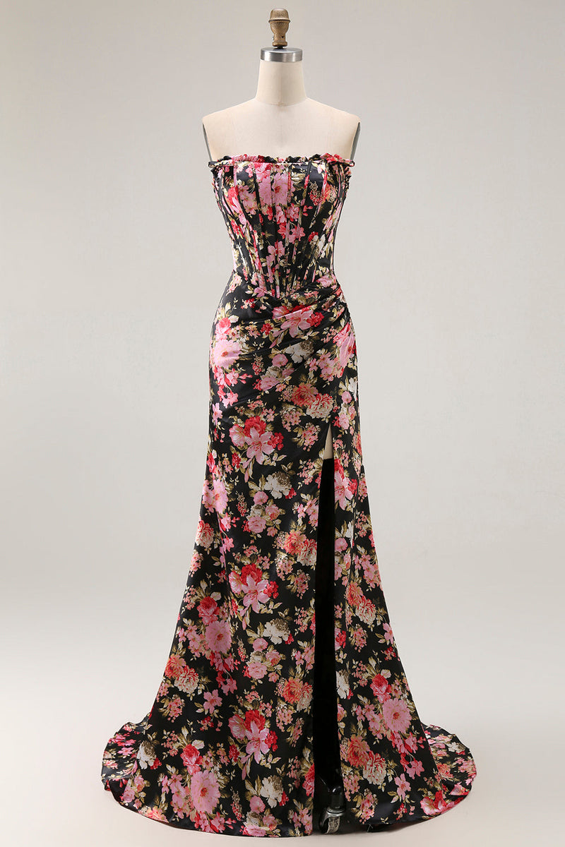 Load image into Gallery viewer, Black Pink Mermaid Floral Long Corset Prom Dress with Slit