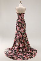 Load image into Gallery viewer, Black Pink Mermaid Floral Long Corset Prom Dress with Slit