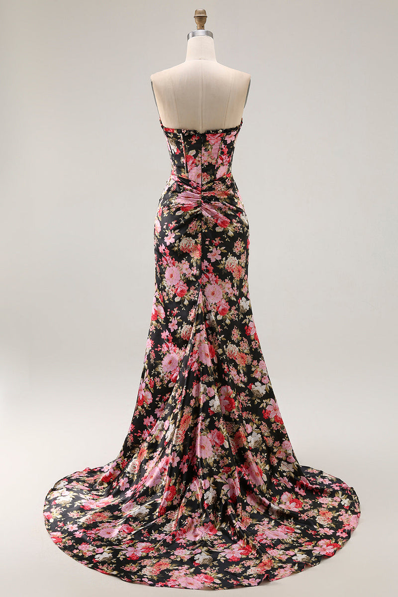 Load image into Gallery viewer, Black Pink Mermaid Floral Long Corset Prom Dress with Slit