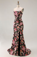Load image into Gallery viewer, Black Pink Mermaid Floral Long Corset Prom Dress with Slit