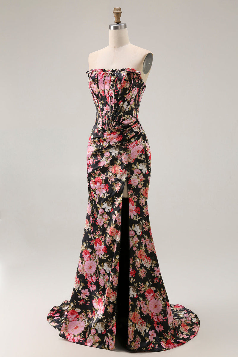Load image into Gallery viewer, Black Pink Mermaid Floral Long Corset Prom Dress with Slit