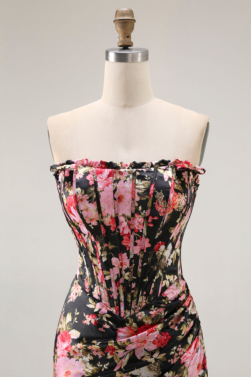 Load image into Gallery viewer, Black Pink Mermaid Floral Long Corset Prom Dress with Slit