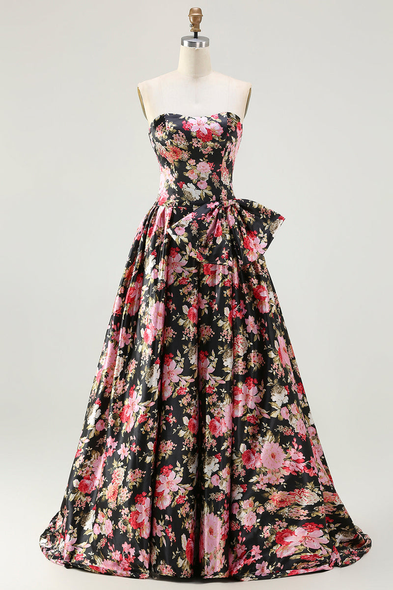 Load image into Gallery viewer, Black and Pink Strapless Corset Floral Long Prom Dress with Bow