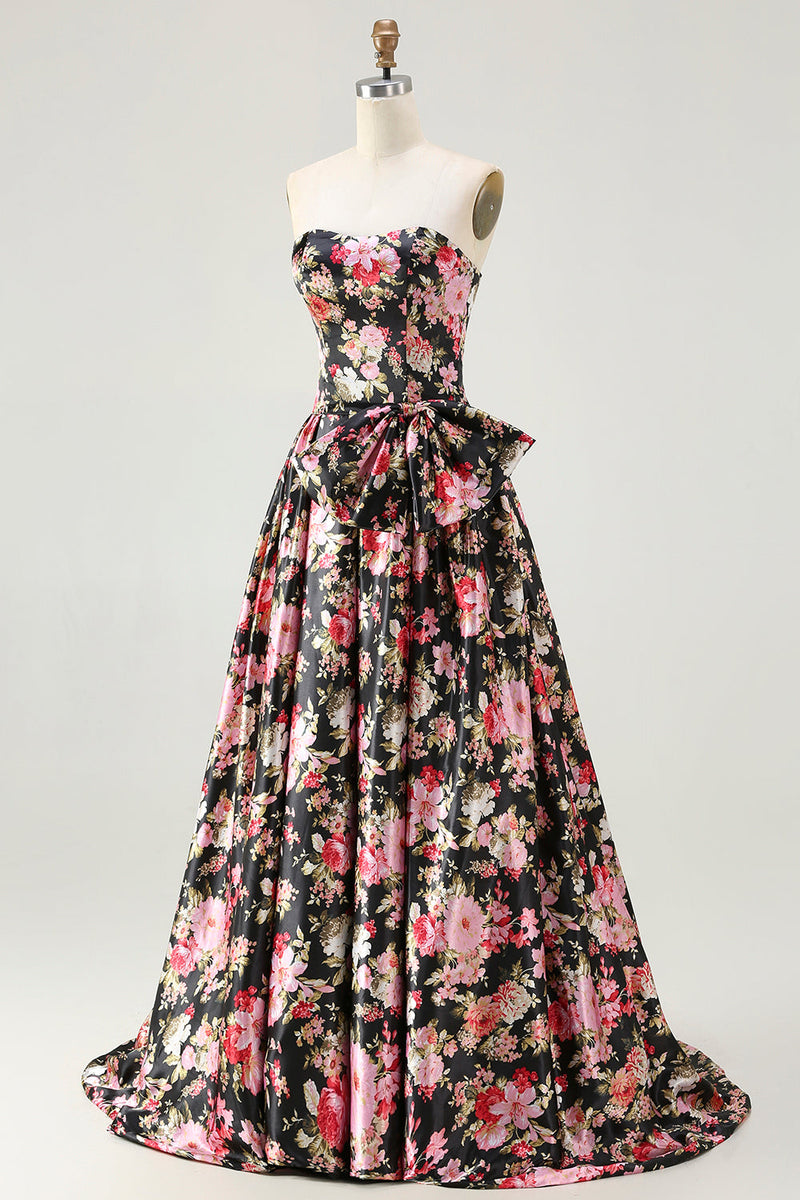 Load image into Gallery viewer, Black and Pink Strapless Corset Floral Long Prom Dress with Bow