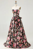 Load image into Gallery viewer, White and Pink Floral A Line Long Corset Prom Dress with Bow