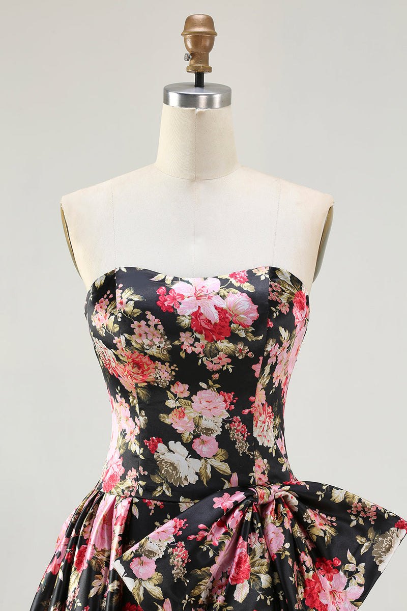 Load image into Gallery viewer, Black and Pink Strapless Corset Floral Long Prom Dress with Bow