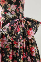 Load image into Gallery viewer, Black and Pink Strapless Corset Floral Long Prom Dress with Bow