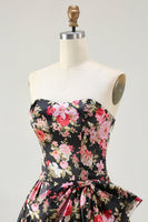 Load image into Gallery viewer, Black and Pink Strapless Corset Floral Long Prom Dress with Bow