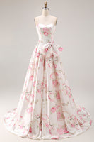 Load image into Gallery viewer, Black and Pink Strapless Corset Floral Long Prom Dress with Bow