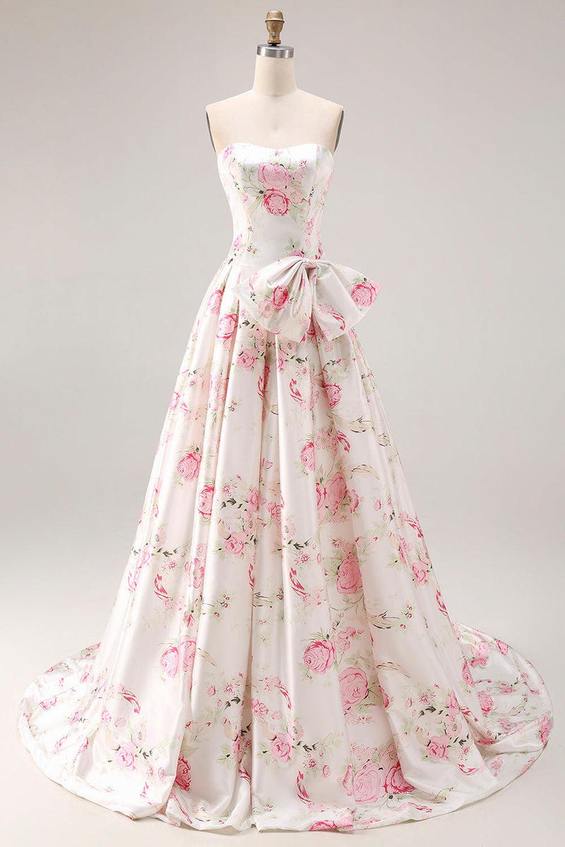 Load image into Gallery viewer, White and Pink Floral A Line Long Corset Prom Dress with Bow