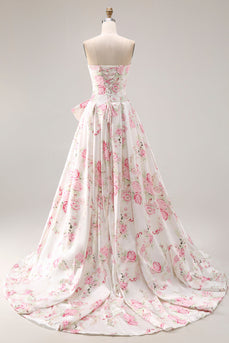 White and Pink Floral A Line Long Corset Prom Dress with Bow