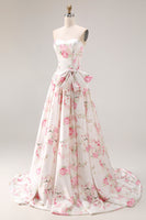 Load image into Gallery viewer, Black and Pink Strapless Corset Floral Long Prom Dress with Bow