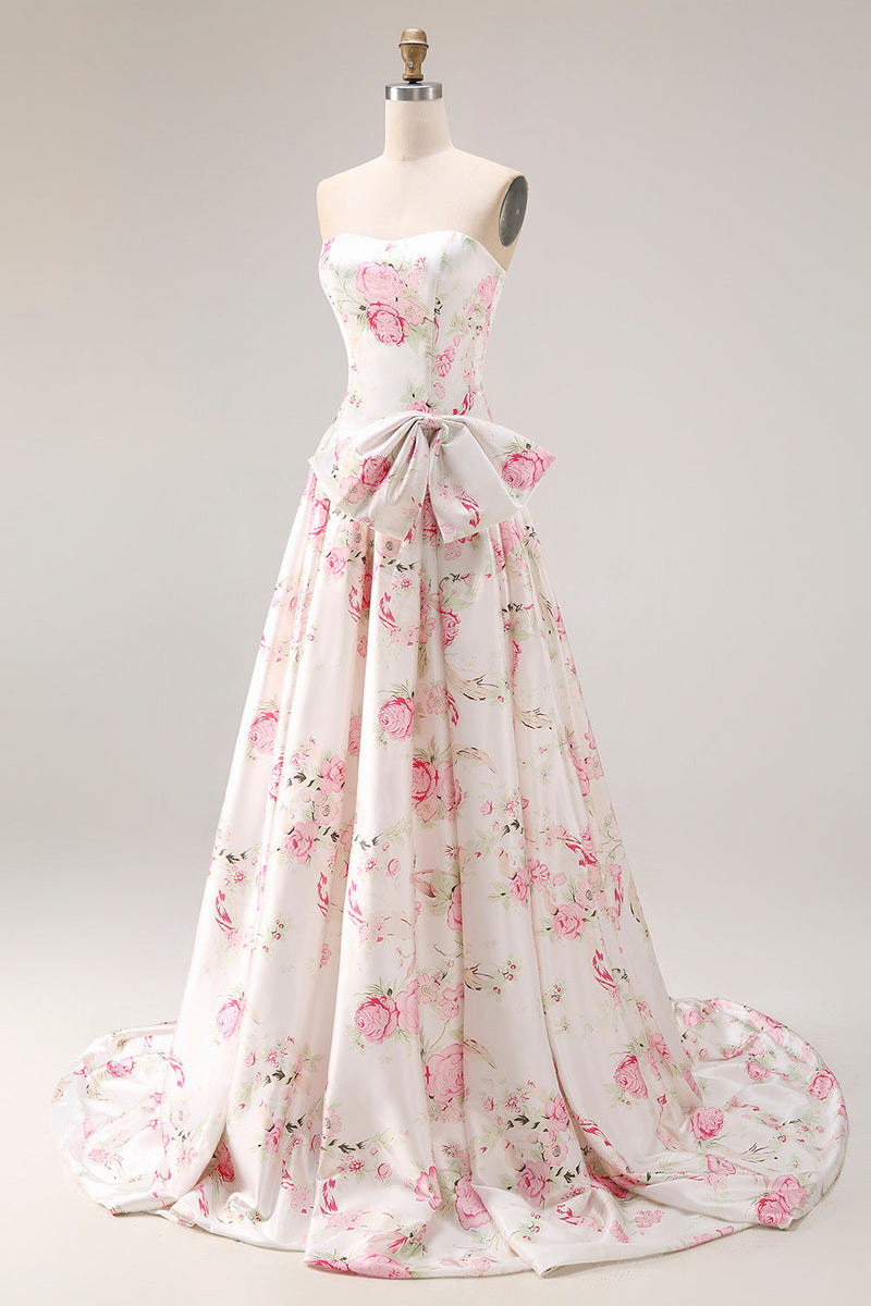 Load image into Gallery viewer, White and Pink Floral A Line Long Corset Prom Dress with Bow