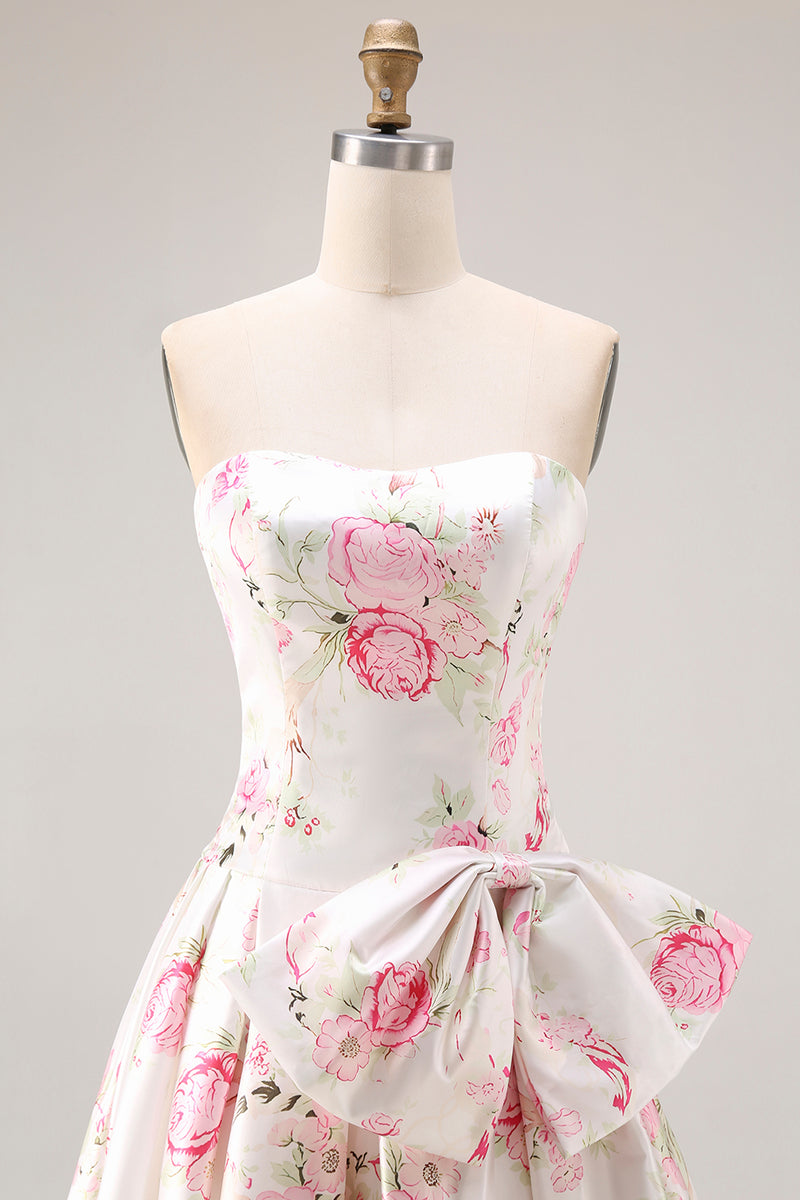 Load image into Gallery viewer, Black and Pink Strapless Corset Floral Long Prom Dress with Bow