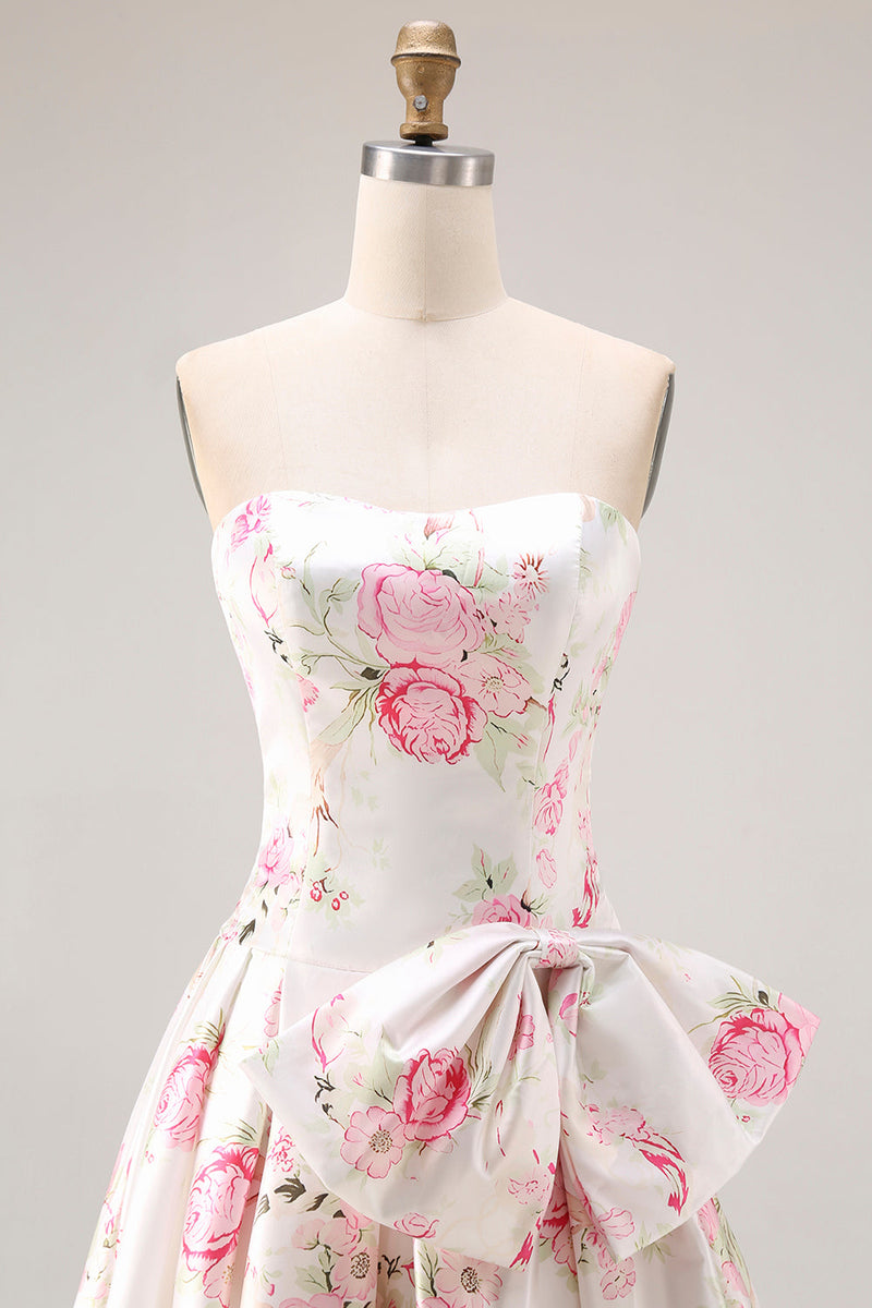 Load image into Gallery viewer, White and Pink Floral A Line Long Corset Prom Dress with Bow