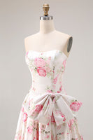 Load image into Gallery viewer, White and Pink Floral A Line Long Corset Prom Dress with Bow