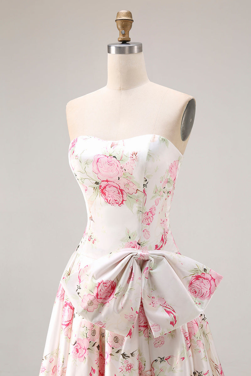 Load image into Gallery viewer, White and Pink Floral A Line Long Corset Prom Dress with Bow