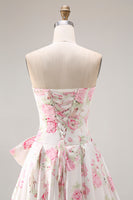 Load image into Gallery viewer, Black and Pink Strapless Corset Floral Long Prom Dress with Bow