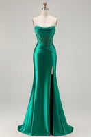 Load image into Gallery viewer, Dark Green Strapless Satin Mermaid Long Corset Prom Dress with Slit