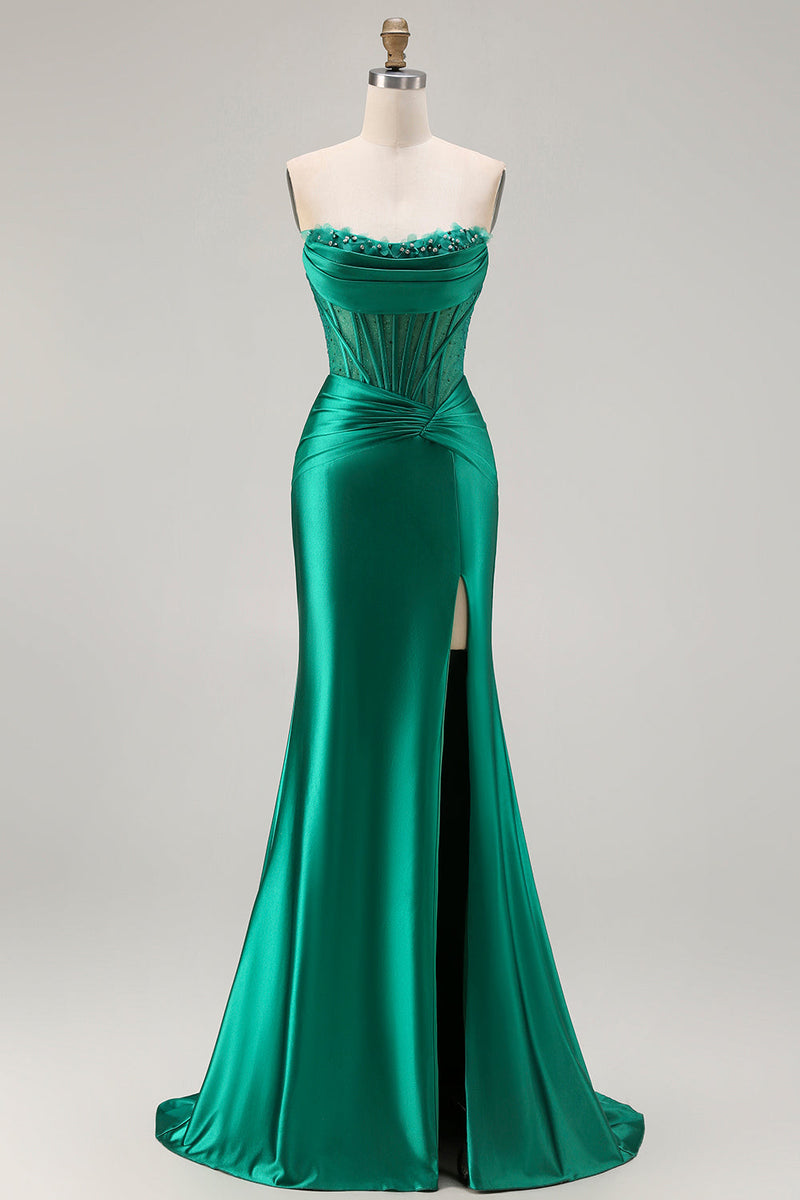 Load image into Gallery viewer, Dark Green Strapless Satin Mermaid Long Corset Prom Dress with Slit