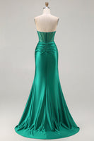 Load image into Gallery viewer, Dark Green Strapless Satin Mermaid Long Corset Prom Dress with Slit
