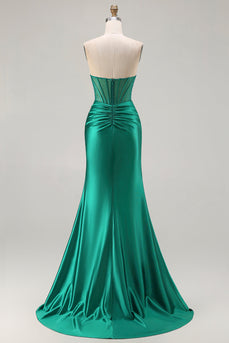 Dark Green Strapless Satin Mermaid Long Corset Prom Dress with Slit