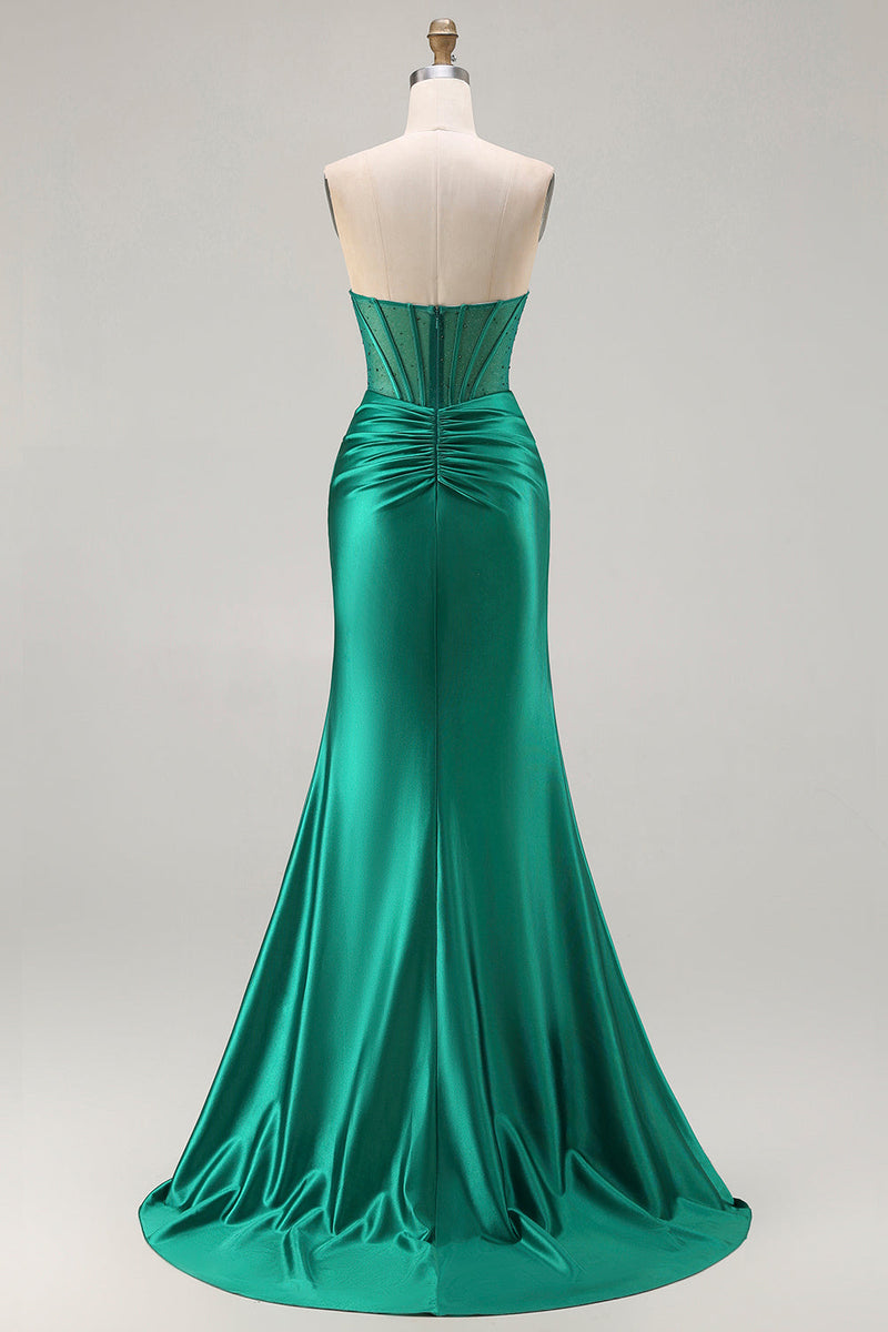 Load image into Gallery viewer, Dark Green Strapless Satin Mermaid Long Corset Prom Dress with Slit