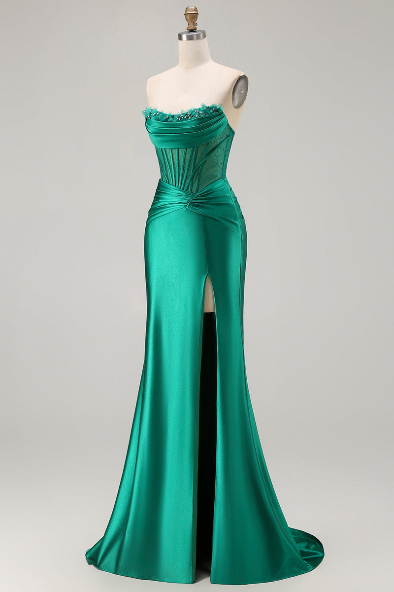 Load image into Gallery viewer, Dark Green Strapless Satin Mermaid Long Corset Prom Dress with Slit